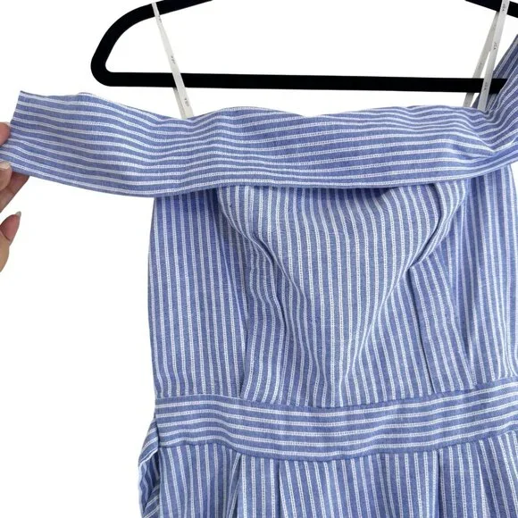 JOA Women's Striped Blue & White Poplin Off-the-Shoulder Midi Dress Size S - Picture 2 of 7